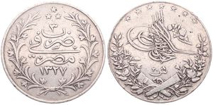 Egypt, Ottoman Empire, Muhammad V, 20 Qirsh Silver AH1327/3 H (1911), Toughra above spray, KM 310, VF