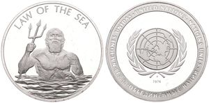 United Nations, Monetary Unity, Medal in Silver 1974, Law of the Sea, Neptune - God of the sea holding trident / Globe within wreath and circle, PROOF