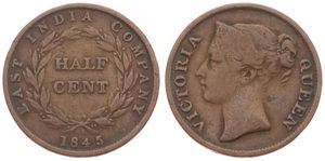 Straits Settlements, East India Company, Victoria, 1/2 Cent Copper 1845, Crowned head left, KM 2, VF