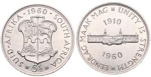 South Africa, British Colony, Elizabeth II, 5 Shillings Silver 1960, 50th Anniversary of the South African Union, KM 55, UNC