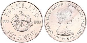 Falkland Islands, British Colony, Elizabeth II, 50 Pence Copper-Nickel ND (1983), 150th Anniversary of British Rule, KM 19, UNC