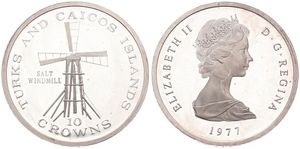 Turks & Caicos Islands, British Colony, Elizabeth II, 10 Crowns Silver 1977, Salt Windmill, KM 12, SCARCE, PROOF
