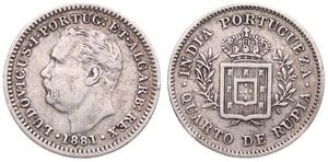 India-Portuguese, Colony, Luiz I, 1/4 Rupia Silver 1881, Head left, KM 310, VF
