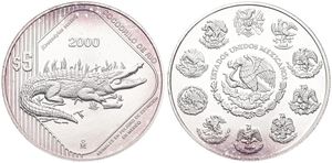 Mexico, Estados Unidos, 5 Pesos Silver 2000, Endangered Wildlife - American Crocodile, KM 655, UNC