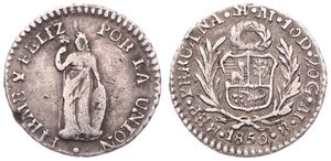 Peru, Republic, 1/2 Real Silver 1850 MB, Figure of Liberty holding shield, KM 144.7, Fine