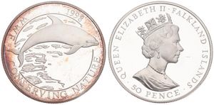 Falkland Islands, British Colony, Elizabeth II, 50 Pence Silver 1998, World Wildlife Fund - Peale's Dolphin, KM 60a, PROOF 