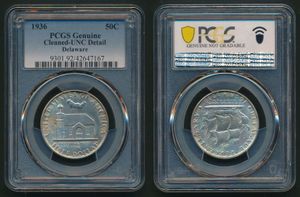 United States of America, Republic, 1/2 Dollar Silver 1936, Delaware Tercentenary, KM 179, PCGS Graded Cleaned - UNC Detail