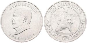Paraguay, Republic, 300 Guaranies Silver 1968, 4th Term of President Stroessner, KM 29, UNC