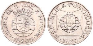 Saint Thomas & Prince, Portuguese Colony, 10 Escudos Silver 1939, National arms, KM 7, VF