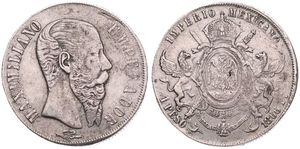 Mexico, Empire of Maximilian, 1 Peso Silver 1866 Pi, Bearded head right / Crowned arms with supporters, KM 388.2 (San Luis Potosi), A.VF