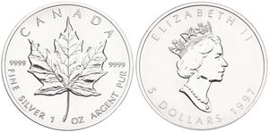 Canada, Confederation, Elizabeth II, 5 Dollars Silver 1997, Maple Leaf - Crowned head right, KM 187, UNC