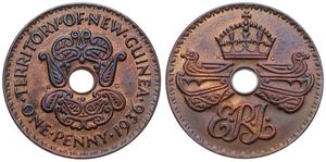 New Guinea, Australian Territory, Edward VIII, 1 Penny Bronze 1936, Crown above center hole flanked by swimming birds and monogram, KM 6, UNC 