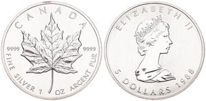 Canada, Confederation, Elizabeth II, 5 Dollars Silver 1988, Maple Leaf - Young bust right, KM 163, UNC