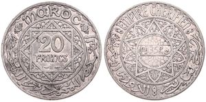 Morocco, French Protectorate, Mohammed V, 20 Francs Silver AH1352 (1933), Star of David within circle, KM 39, XF