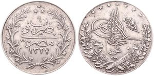 Egypt, Ottoman Empire, Muhammad V, 10 Qirsh Silver AH1327/6 H (1913), Toughra above spray, KM 309, VF