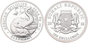 Somalia, Republic, 100 Shillings Silver 2018, African Elephant right, KM New, PROOFLIKE