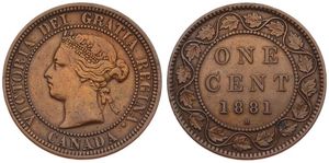 Canada, Confederation, Victoria, 1 Cent Bronze 1881H, Crowned head left within beaded circle, KM 7, VF