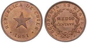 Chile, Republic, 1/2 Centavo Copper 1851, 5-pointed flat star - small stars flank date, KM 117, UNC !