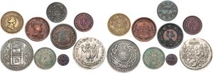 India - Princely States, Mixed States, Very good lot with 9 different older copper, brass and silver coins from various princely states in nice grades including some special items...