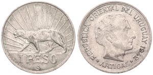 Uruguay, Republic, 1 Peso Silver 1942, Head of Artigas right - Puma, KM 30, XF