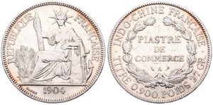French Indo-China, Colony, 1 Piastre Silver 1904A, Liberty seated left with fasces, KM 5a.1, VF+