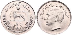 Iran, Kingdom, Muhammad Reza Pahlavi Shah, 20 Rials Copper-Nickel SH1357 (1978), F.A.O. - Crown above radiant lion holding sword within wreath, KM 1215, UNC