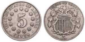 United States of America, Republic, 5 Cents Copper-Nickel 1872, Shield nickel without rays between stars, KM 97, VF 