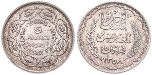 Tunisia, French Protectorate, Ahmad Pasha Bey, 5 Francs Silver AH1358-1939, Inscription and date within sprigs, KM 264, XF