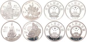 China, Peoples Republic, Set : 4 x 5 Yuan Silver 1985, Founders of Chinese Culture, KM 121/124, PROOF 
