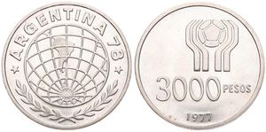 Argentina, Republic, 3000 Pesos Silver 1977, World Championship Soccer, KM 80 KEY DATE, UNC