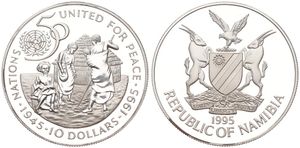 Namibia, Republic, 10 Dollars Silver 1995, 50th Anniversary of the United Nations - Farm scene, KM 9a, PROOF