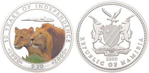 Namibia, Republic, 10 Dollars Silver 2000, 10th Anniversary of Independence - Multicolor Lions, KM 19, PROOF