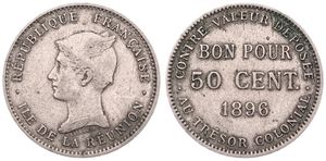 Reunion, French Overseas Department, 50 Centimes Copper-Nickel 1896, Winged head left, KM 4, SCARCE, VF