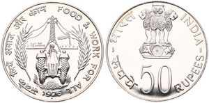 India, Republic, 50 Rupees Silver 1976, F.A.O. - Food & Work For All, KM 257, B.UNC