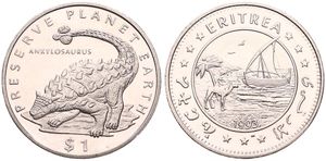 Eritrea, Republic, 1 Dollar Copper-Nickel 1993, Prehistorical Animals - Ankylosaurus, KM 13, UNC