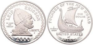 United States of America, Republic, 1 Dollar Silver 2000P, Leif Ericson - Viking Ship, KM 313, PROOF