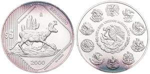 Mexico, Estados Unidos, 5 Pesos Silver 2000, Endangered Wildlife - Peninsular Pronghorn, KM 657, UNC