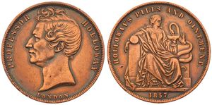 Australia, Private Token Issues, Token in Copper 1857 by J. Moore, Professor Holloway, Head left / Figure seated - Pills and Ointment, KM Tn278.1, XF (cleaned)