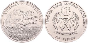 Saharawi Arab Democratic Republic, 100 Pesetas Nickel Clad Steel 1994, Prehistoric Animals - Triceratops, KM 17, UNC