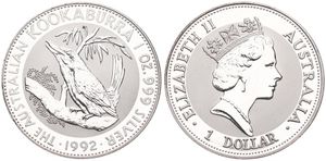 Australia, British Colony, Elizabeth II, 1 Dollar Silver 1992, Kookaburra in tree left, KM 164, B.UNC