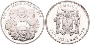 Jamaica, British Colony, Elizabeth II, 10 Dollars Silver 1978, Jamaican Unity - Heads of different ethnic people, KM 75a, PROOF