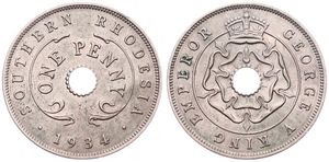 Southern Rhodesia, British Colony, George V, 1 Penny Copper-Nickel 1934, Crowned flower design within circle around center hole, KM 7, XF