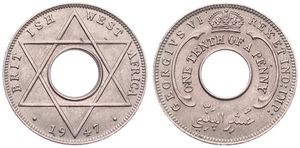 British West Africa, Colony, George VI, 1/10 Penny Copper-Nickel 1947, Crown above center hole, KM 20, UNC