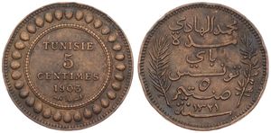 Tunisia, French Protectorate, Muhammad al-Hadi Bey, 5 Centimes Bronze AH1321-1903, Inscription within sprigs, KM 228, A.XF (edgenicks)