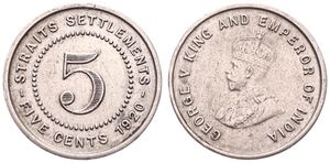 Straits Settlements, British Colony, George V, 5 Cents Copper-Nickel 1920, Crowned bust left, KM 34, VF+