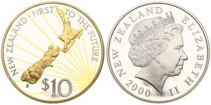 New Zealand, British Dependency, Elizabeth II, 10 Dollars Silver 2000, First to the Future - Gold plated map and gold plated radiant sun, KM 122, PROOF