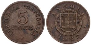 Angola, Portuguese Colony, 5 Centavos Bronze 1922, National arms, KM 62, A.VF (small edgenick)