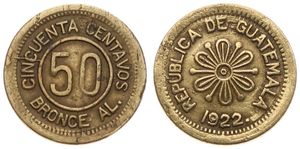 Guatemala, Republic, Provisional Coinage, 50 Centavos Aluminum-Bronze 1922, Flower design at center, KM 232, VF