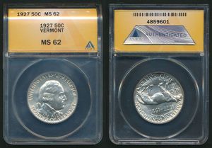 United States of America, Republic, 1/2 Dollar Silver 1927, Vermont Sesquicentennial, KM 162, ANACS Graded MS-62