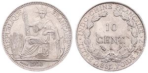 French Indo-China, Colony, 10 Cents Silver 1913A, Liberty seated left with fasces, KM 9, A.UNC